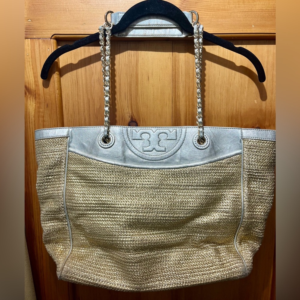 Tory Burch Metallic and Tan Woven Tote